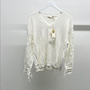Seventy Cream V-Neck Sweater with Lace Sleeves